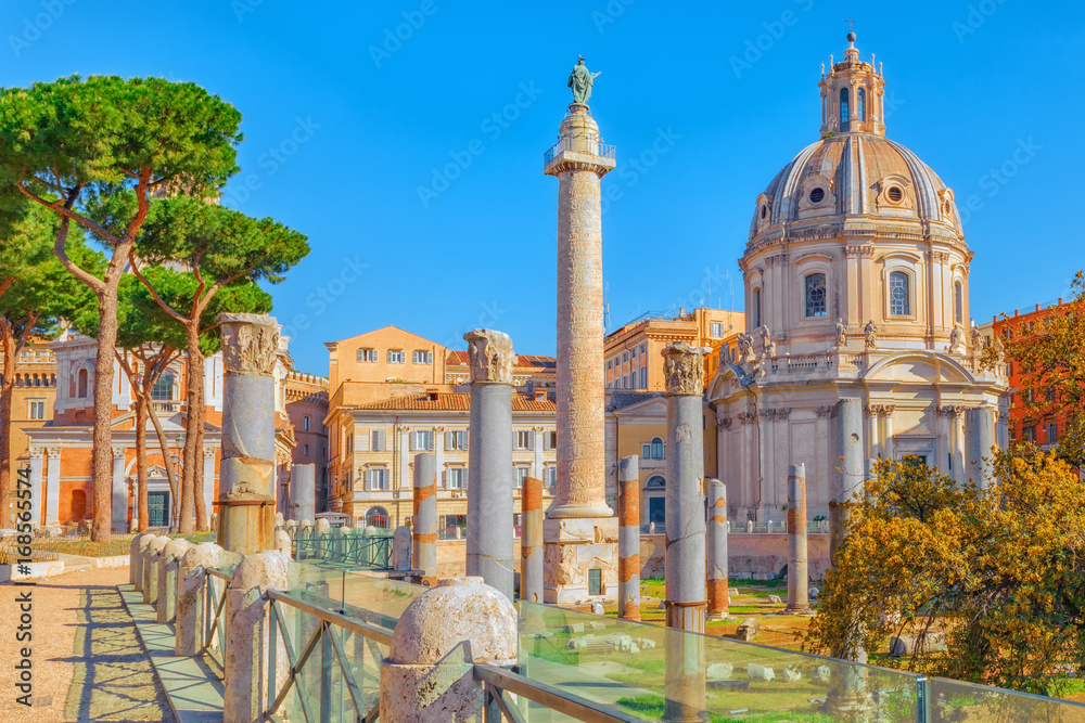 Beautiful landscape of the Rome- one of the oldest and most beautiful cities in the world. View on the  Roma Antica, Trajan's Column , Church SS Name of Maria.
