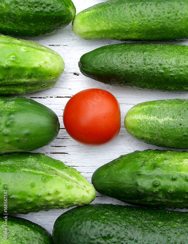 red tomato among green cucumbers saying standing out from the crowd