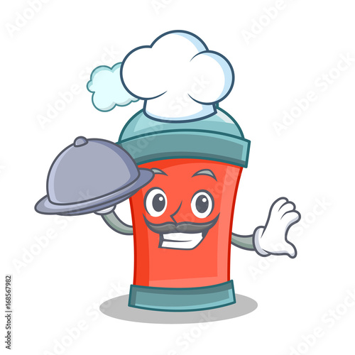 Chef with food aerosol spray can character cartoon
