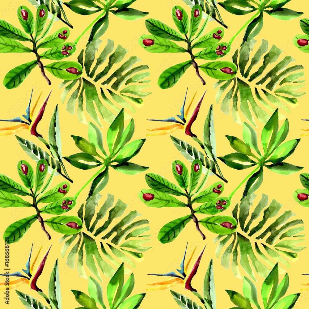 Tropical Hawaii leaves palm tree pattern in a watercolor style. Aquarelle wild flower for background, texture, wrapper pattern, frame or border.