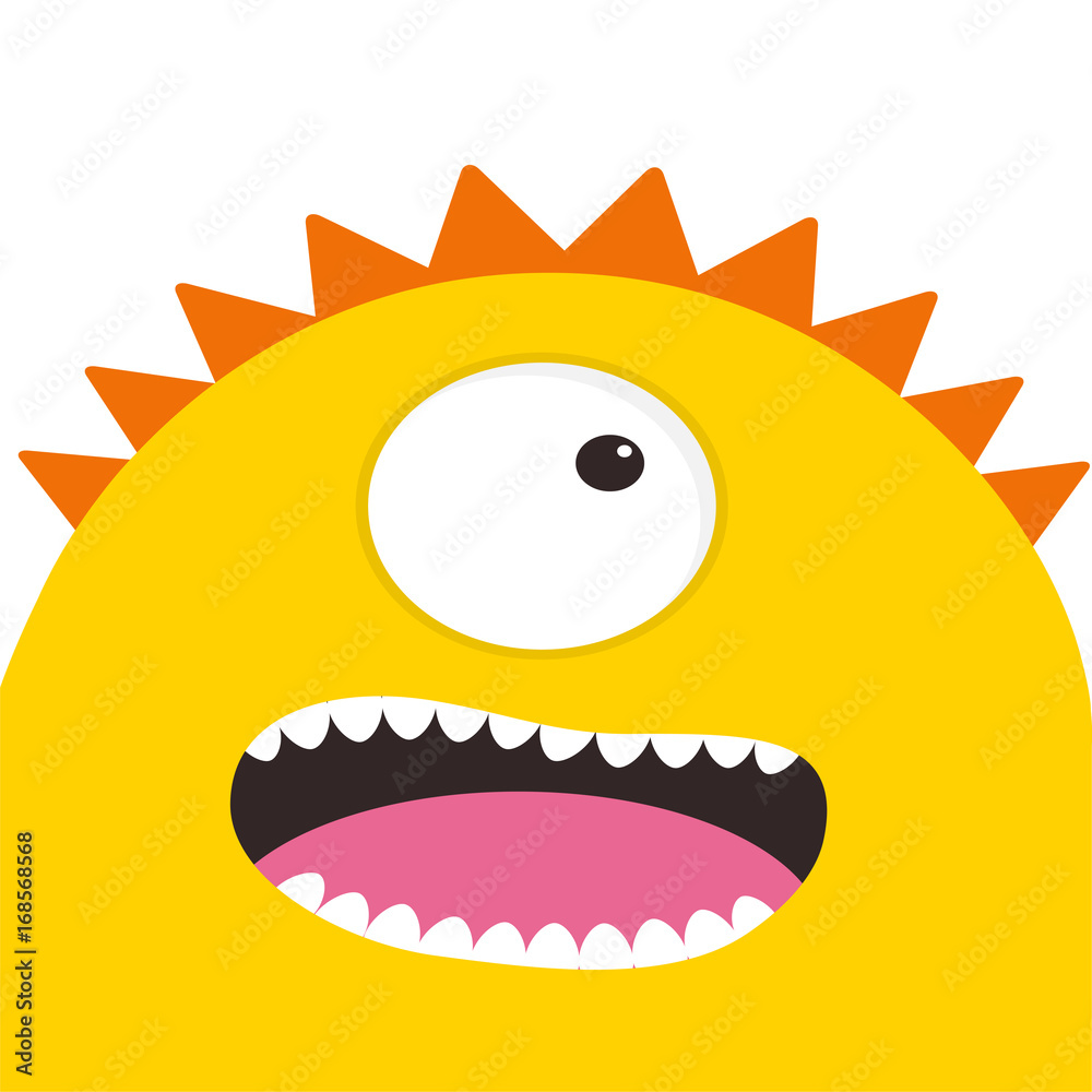 Yellow monster head with one eye, teeth, tongue. Funny Cute cartoon character. Baby collection. Happy Halloween card. Flat design. White background.