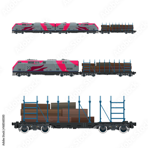 Pink Locomotive with Railway Platform for Timber Transportation, Train, Railway and Cargo Transport, Vector Illustration