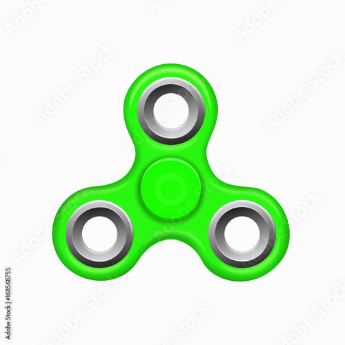 Green colorful spinner on a white background. Hand fidget spinner green toy - stress and anxiety relief. Modern children's toy - spinner.
