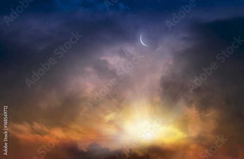 Crescent moon with beautiful sunset background 