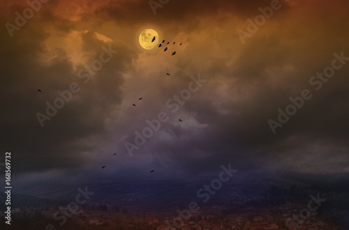 Full moon over the city . The yellow moon over the city . Look with top of a roof of houses . hilly terrain . The village in mountains . Silhouette of birds and lunar sky © yaalan