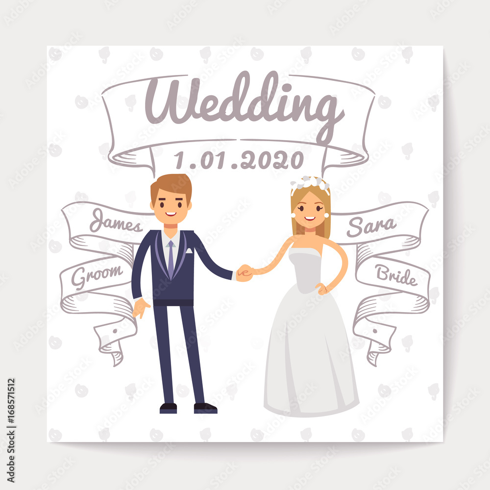 Wedding invitation card with just married young couple and them names on hand drawn ribbons vector template Wedding invitation card with just married young couple and them names on hand drawn ribbons vector template