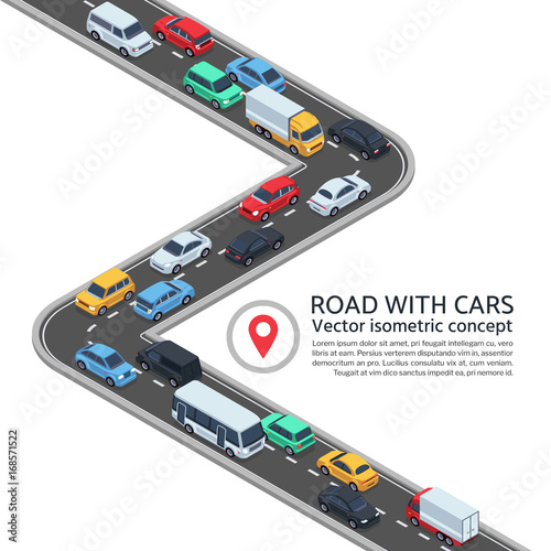 Isometric street with cars. 3d highway and vehicles vector concept