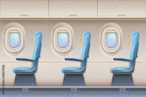 Passenger airplane vector interior. Aircraft indoor with comfortable chairs and portholes