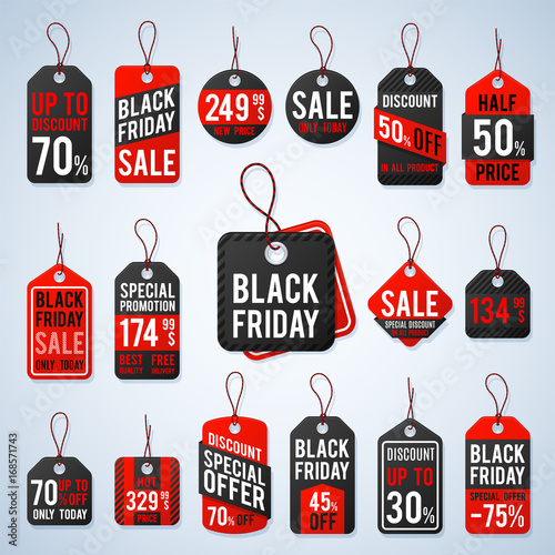 Black friday pricing tags and promotion labels with cheap prices and best offers. Retail vector sign