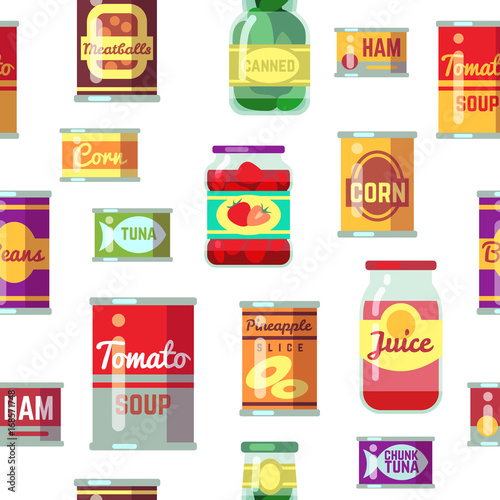 Canned goods and food in metal container vector seamless pattern