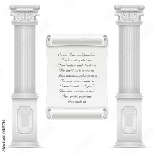 Antique roman architecture design with marble stone colomns and text on wall