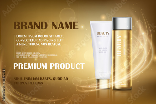 Gold essence, golden translucent bottle hair oil with white cosmetic tube design on a gold shiny background with bokeh and lighting flare effect