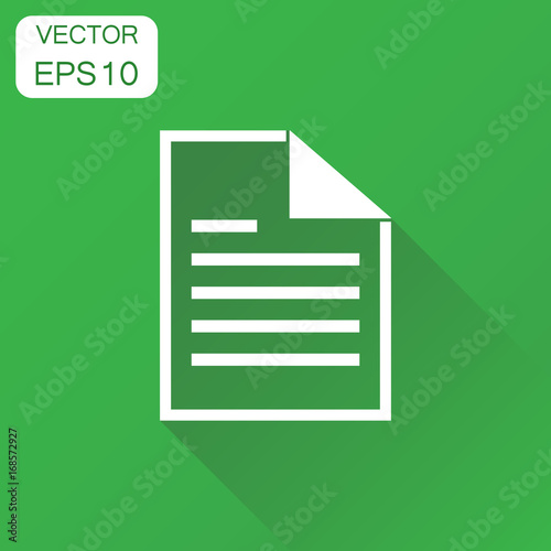 Document icon. Business concept document note pictogram. Vector illustration on green background with long shadow.