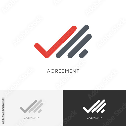 Agreement checkmark logo - hand with check mark or tick symbol. Business, contract and deal vector icon.