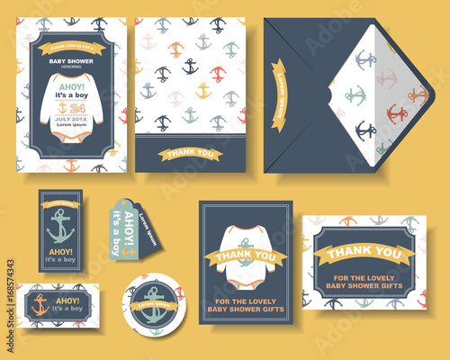Set of baby showers with marines style. Colorful Concept.Birthday invitation card..Vector/Illustration