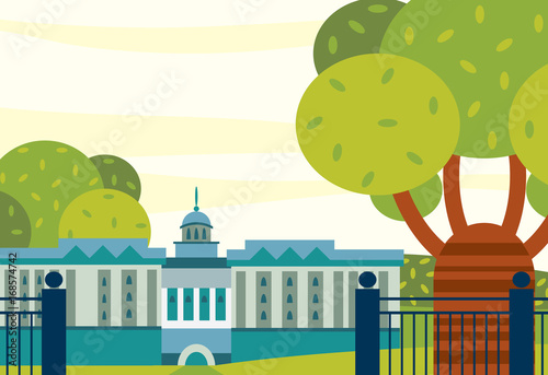 City summer landscape with building, oak tree and garden.