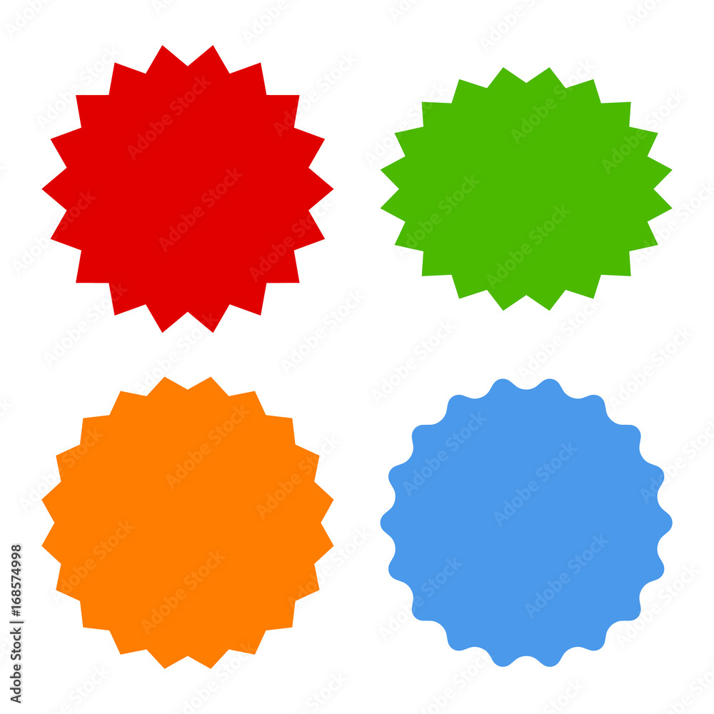 4 starburst, bursts / labels in red, orange, green and blue flat vector icons for apps and websites 4 starburst, bursts / labels in red, orange, green and blue flat vector icons for apps and websites