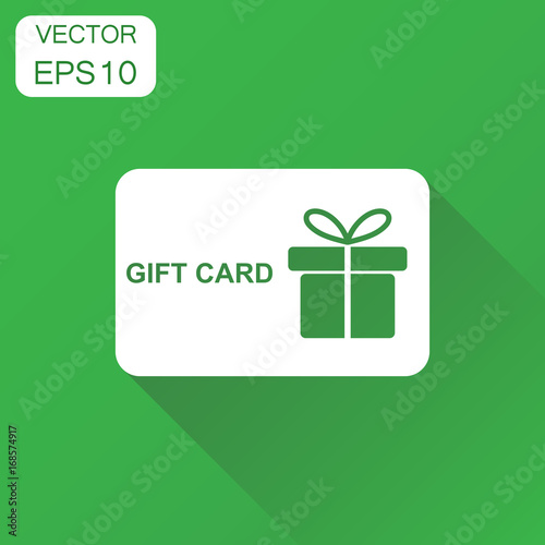 Gift card icon. Business concept discount pictogram. Vector illustration on green background with long shadow.