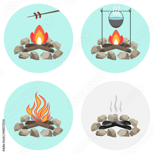 Bonfire, a pot on the fire, fry the sausage at the stake, ashes, coals, firewood