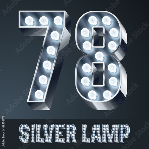 Vector light up gray alphabet, silver graphic font. Number 7 8