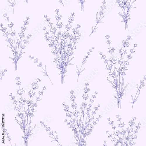 Seamless pattern of lavender flowers on a gray background. Watercolor pattern with Lavender for fabric swatch. Vector illustration.
