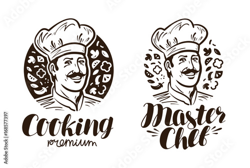 Portrait of happy chef logo or label. Cooking, cuisine icon. Vintage vector illustration