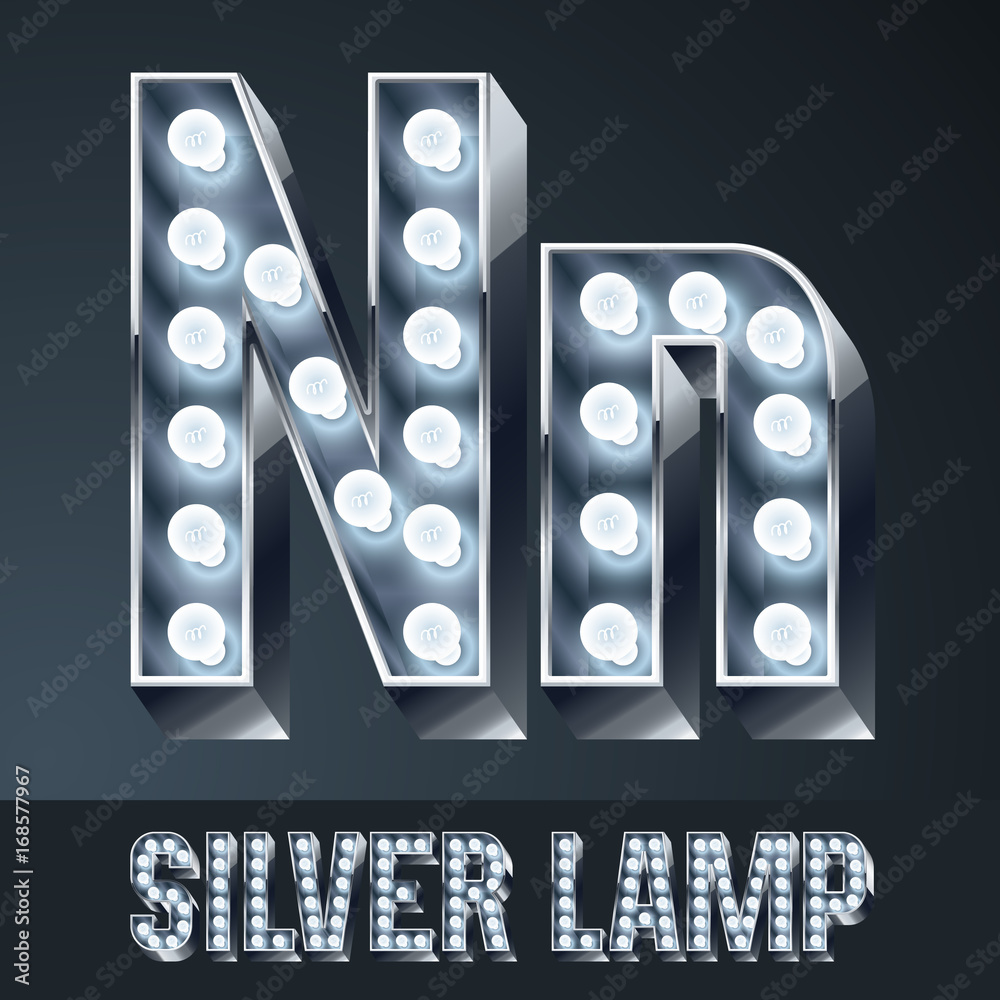 Vector light up gray alphabet, silver graphic font. Letter N