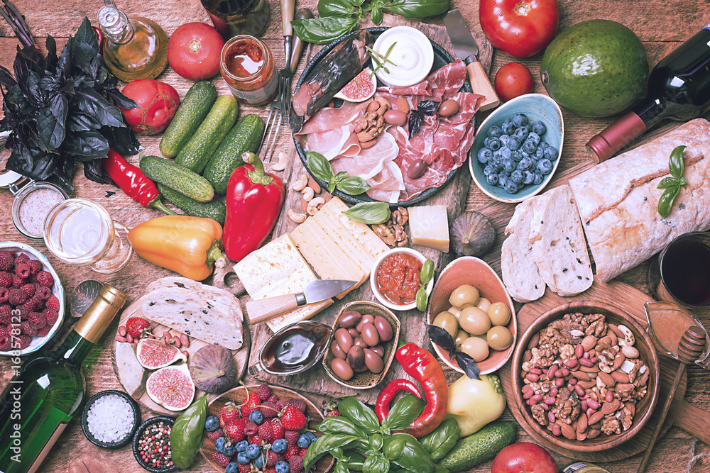 Top view table full of food Top view table full of food