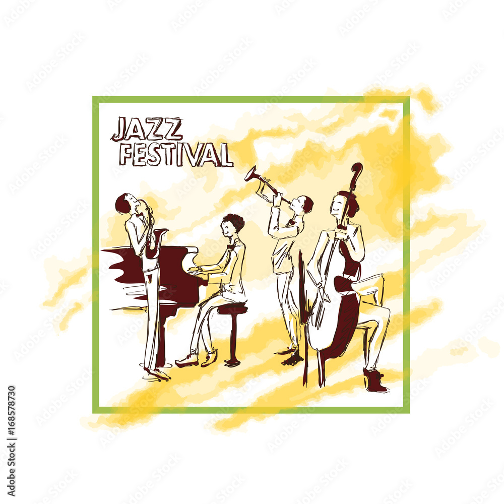 Poster for jazz concert. Jazz band plays on the background of abstract yellow watercolor stain. Vector illustration in sketch style, isolated on white background.