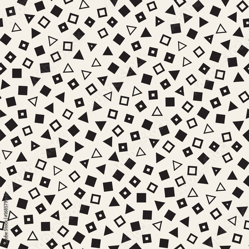 Seamless primitive jumble minimalism patterns. Randomly scattered geometric shapes. Abstract background design