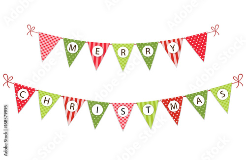 Festive bunting flags with letters Merry Christmas in traditional colors