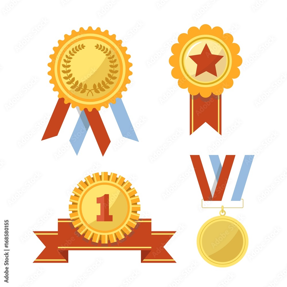 Gold awards and medals with ribbons illustrations set Gold awards and medals with ribbons illustrations set