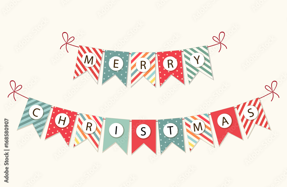 Festive bunting flags with letters Merry Christmas in traditional colors