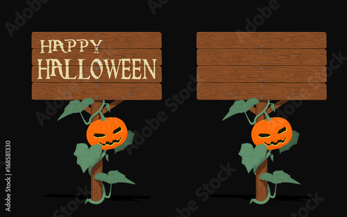 Isolated Halloween signpost with the pumpkin vine on black background
