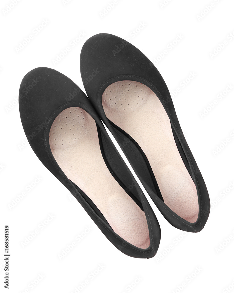 Black classic suede comfortable summer ballerina shoes top view isolated white Black classic suede comfortable summer ballerina shoes top view isolated white