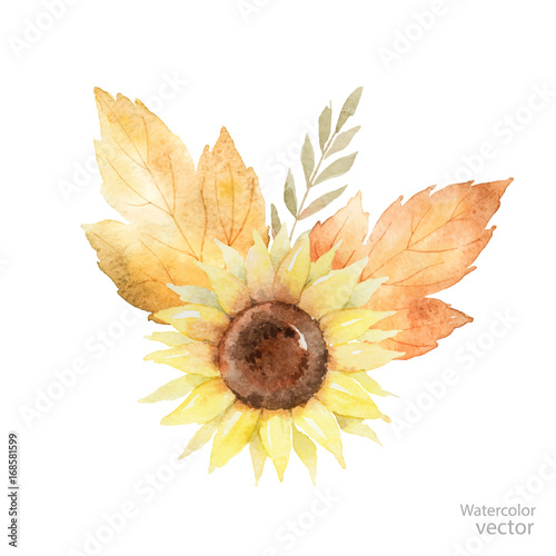 Watercolor vector bouquet of leaves, branches and sunflower isolated on white background.