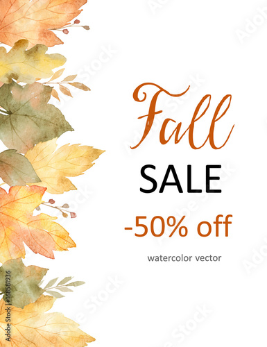 Watercolor autumn banner sales 50%. isolated on white background.