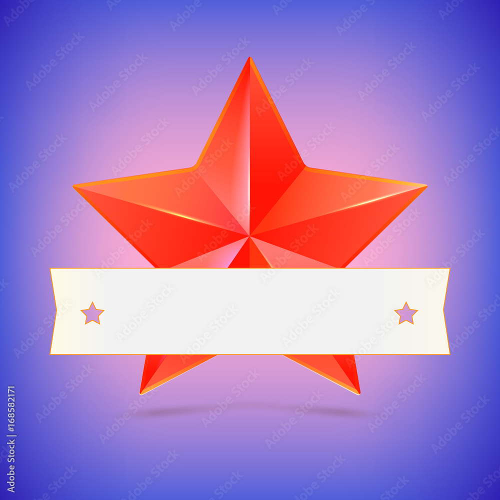 Red star with white ribbon on colored background. Symbol of victory in competitions or contests, template for your design. Golden icon of star, 3D illustration Red star with white ribbon on colored background. Symbol of victory in competitions or contests, template for your design. Golden icon of star, 3D illustration