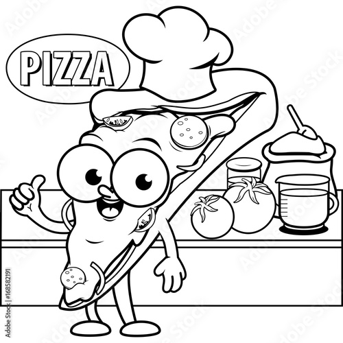 Cartoon pizza chef cooking in the kitchen. Vector black and white coloring page.