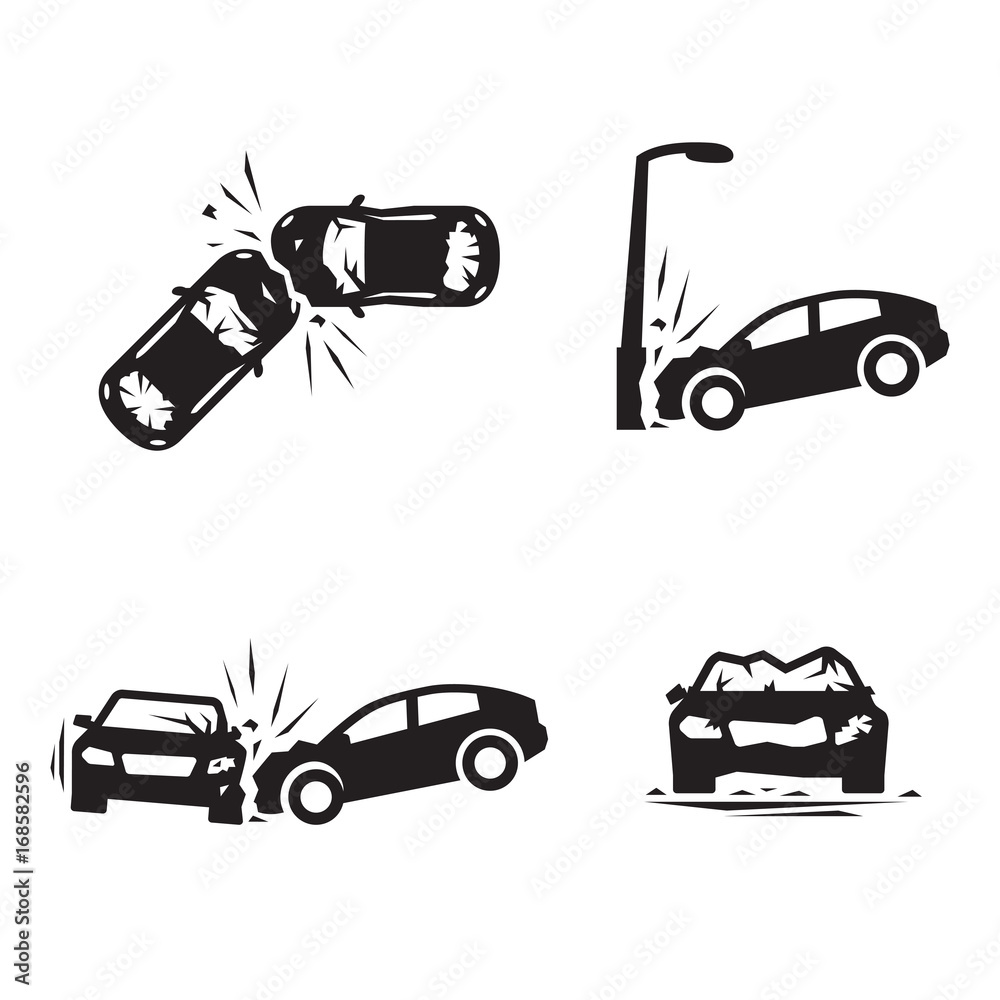 Obraz premium Rozbite samochody wektor Zestaw ikon wypadków samochodowych