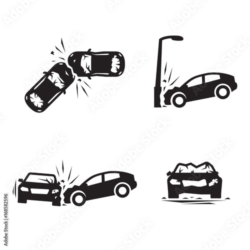 Crashed Cars vector Car eccident icons set photo