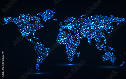 Abstract world map of glowing particles. Vector