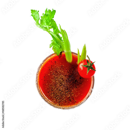 Classic bloody mary in a glass isolated on a white background. Alcoholic drink made of tomato juice, vodka, pepper, salt, lemon juice, celery and other flavorings.