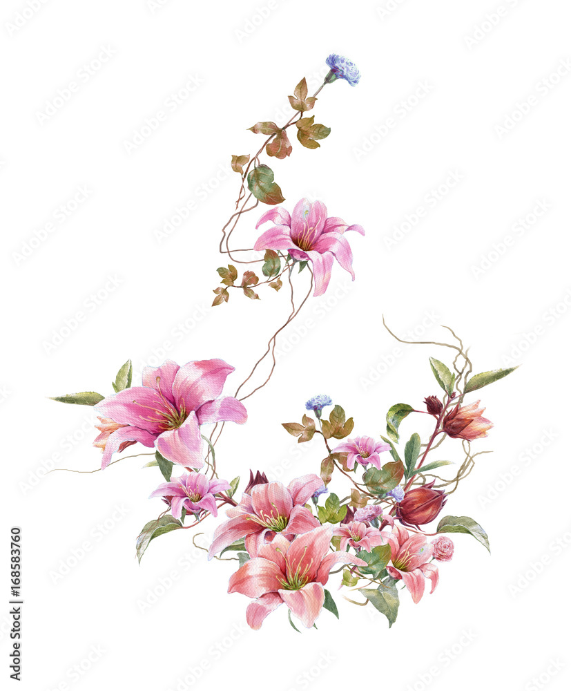 watercolor painting of leaves and flower, on white background watercolor painting of leaves and flower, on white background