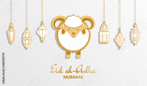 Eid Al Adha Background. Islamic Arabic lantern and sheep. Greeting card. Vector illustration.