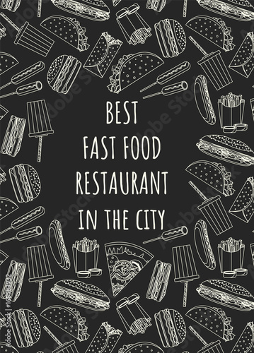 Best fast food cafe or restaurant poster with outline fast food symbols and place for name or inscription in the center. Vector illustration for fastfood banner, cover, menu design