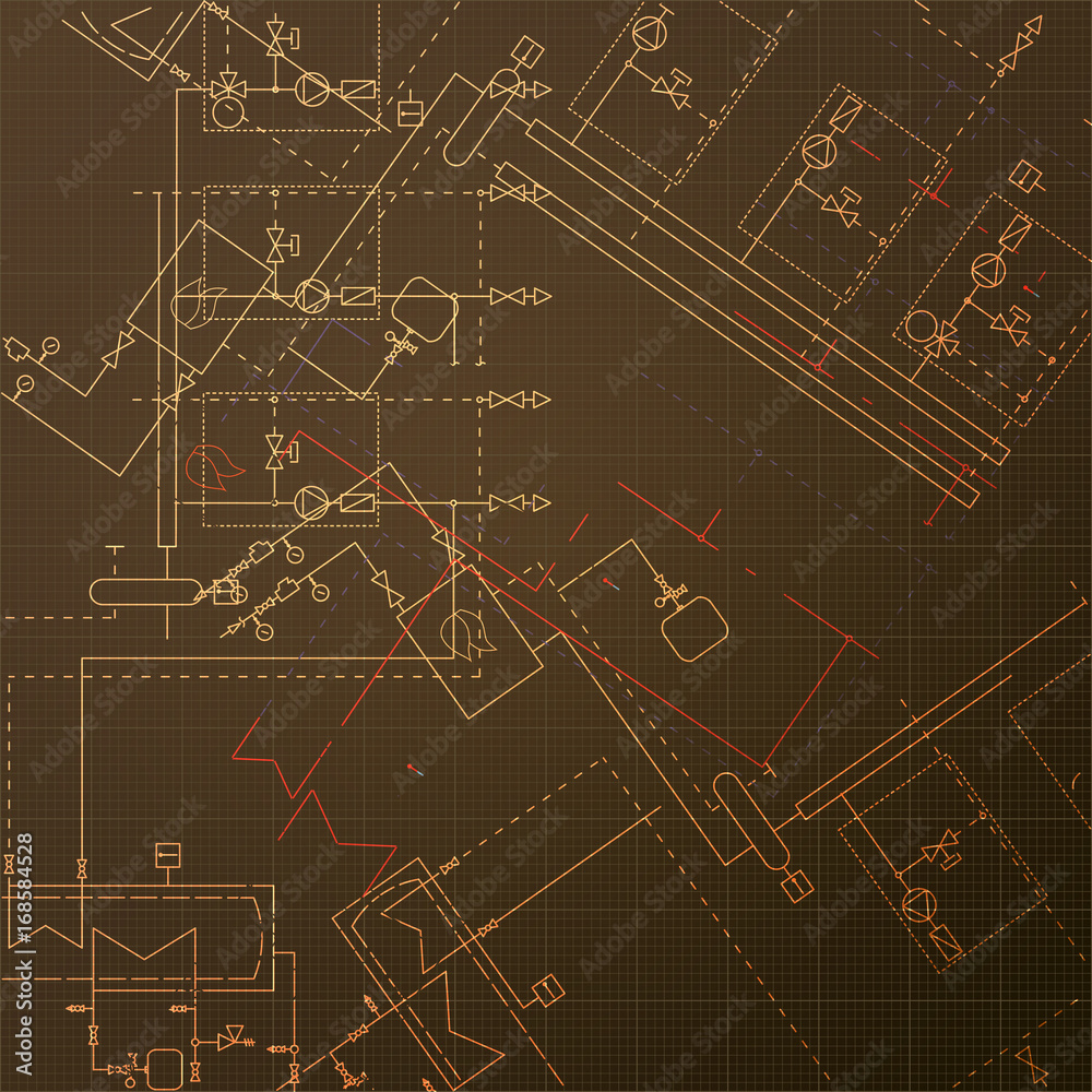 Blueprints with boiler house. Construction of steamshop. Engineering vector illustrations. Technical draw Blueprints with boiler house. Construction of steamshop. Engineering vector illustrations. Technical draw