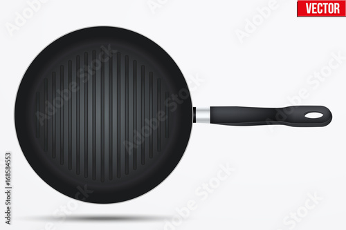 Classic Metal black grill pan with handle. Top view and round shape. Kitchen and domestic symbol. Vector Illustration isolated on background.
