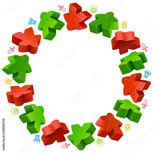 Circle frame of meeples for board games. Red and green game pieces, and resources counter icons isolated on white background. Vector border for design boardgames advertisement