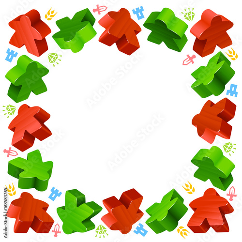 Square frame of meeples for board games. Red and green game pieces, and resources counter icons isolated on white background. Vector border for design boardgames advertisement